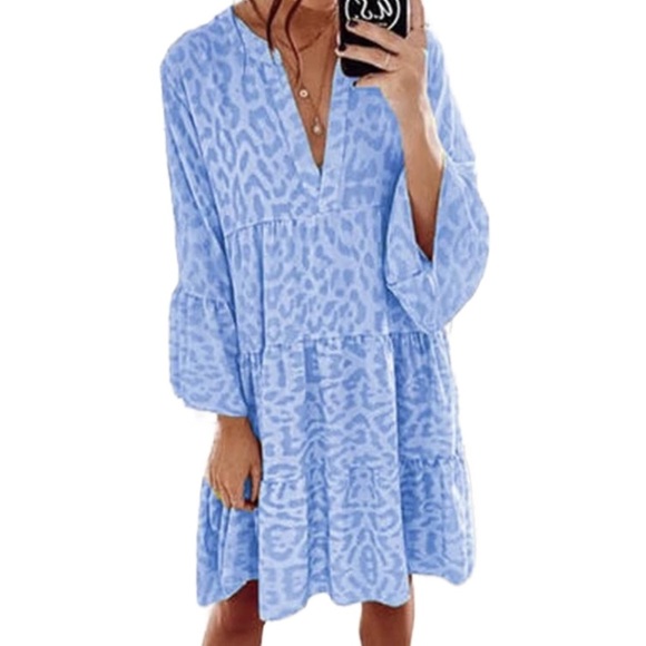 NWOT Boho Flare Sleeve Dress Leopard Print Pleated Party Beach Dress - Picture 7 of 10